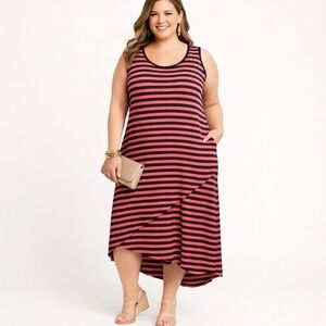 Design History Plus 1X Coral Navy Striped Asymmetrical Midi Dress Sleeveless